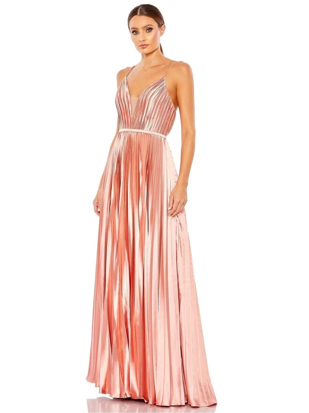 IEENA MAC DUGGAL Plunge Neck Pleated Evening Gown Rose Gold 49039 Size 6